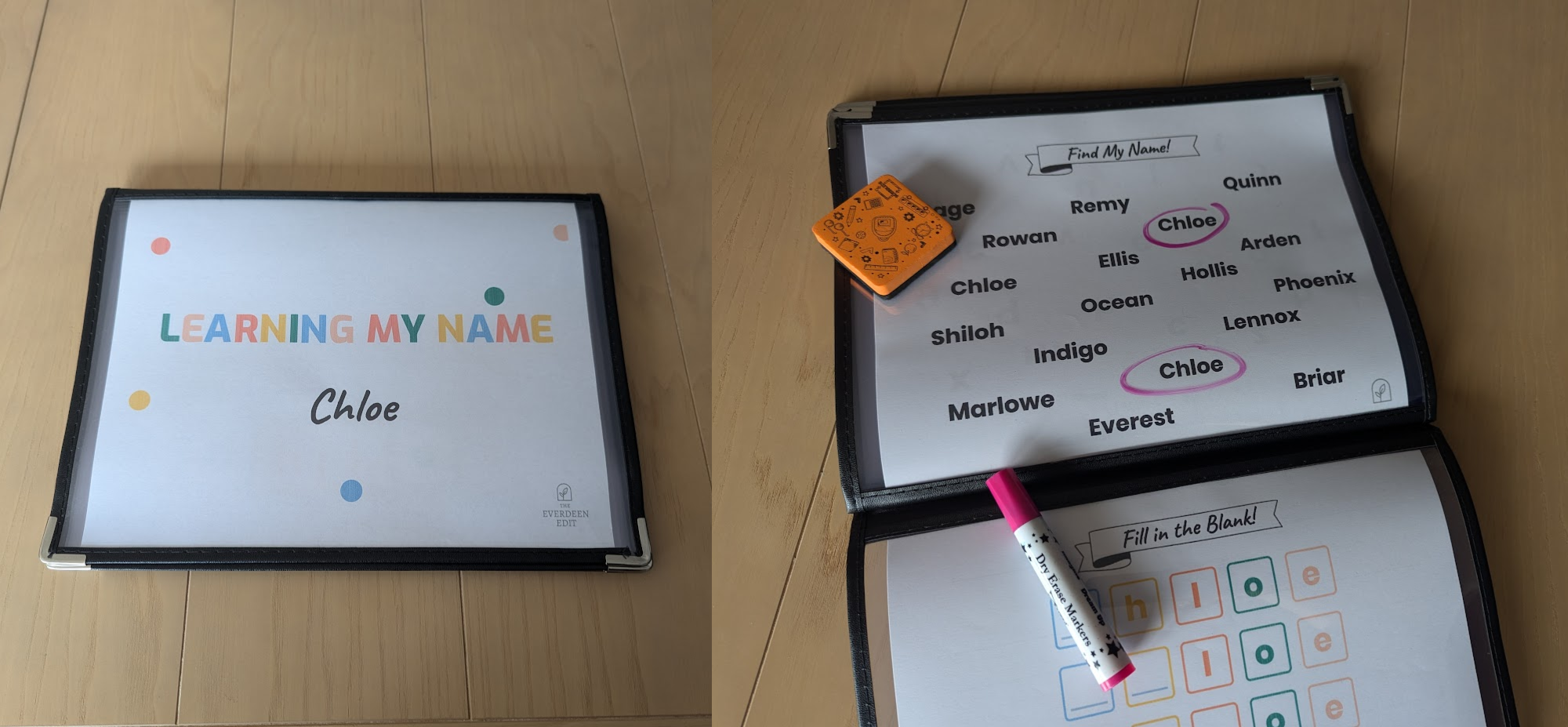 Name workbook pages in clear menu holders