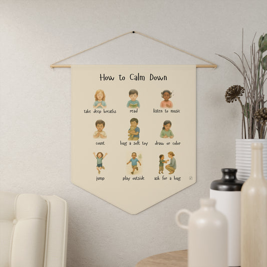 Calming techniques poster banner showing breathing, movement, and mindfulness strategies for kids